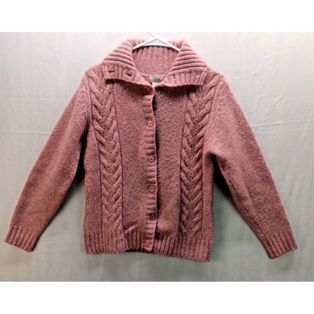 Vintage L.L.Bean Pink Wool Blend Cable Knit Cardigan Sweater Women’s Medium Prep